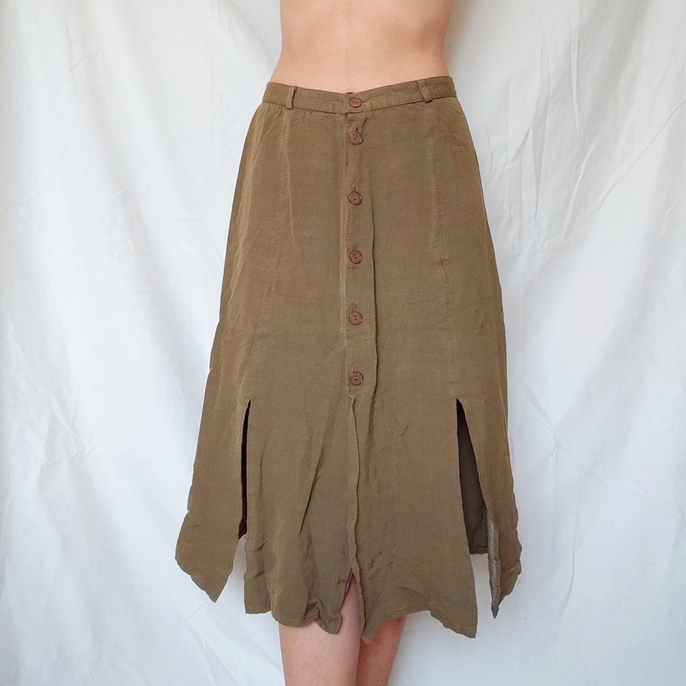 Vintage Army Green Knee Length Midi Skirt